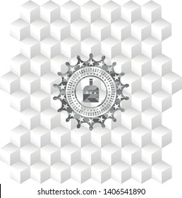 bottle of alcohol icon inside grey badge with geometric cube white background