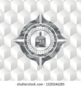 bottle of alcohol icon inside grey emblem. Retro with geometric cube white background