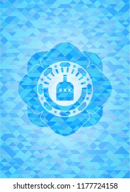 bottle of alcohol icon inside light blue emblem with mosaic ecological style background