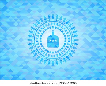 bottle of alcohol icon inside light blue emblem with mosaic ecological style background