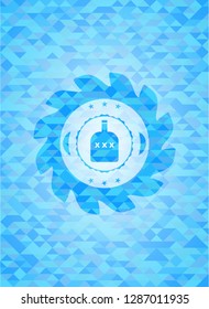 bottle of alcohol icon inside light blue emblem. Mosaic background