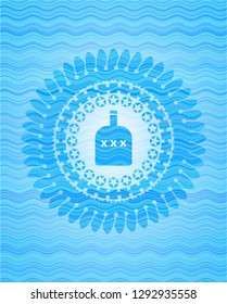 bottle of alcohol icon inside light blue water wave badge background.