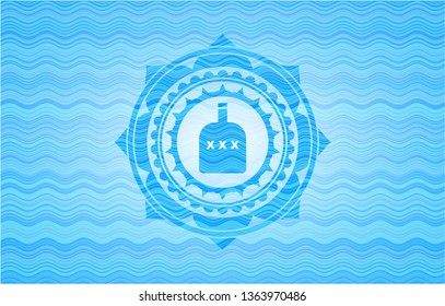 bottle of alcohol icon inside light blue water wave emblem background.