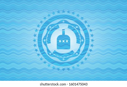 bottle of alcohol icon inside light blue water wave emblem.