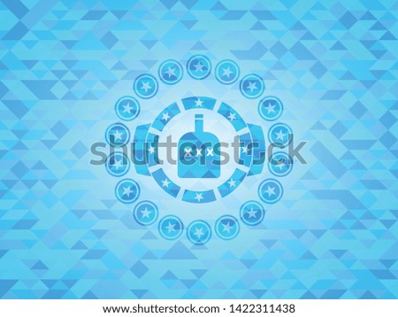 bottle of alcohol icon inside light blue emblem with mosaic background