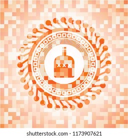 bottle of alcohol icon inside orange mosaic emblem with background