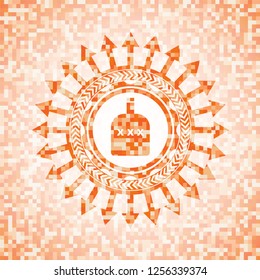 bottle of alcohol icon inside orange mosaic emblem