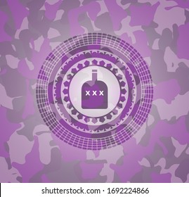 bottle of alcohol icon inside pink and purple camouflaged emblem