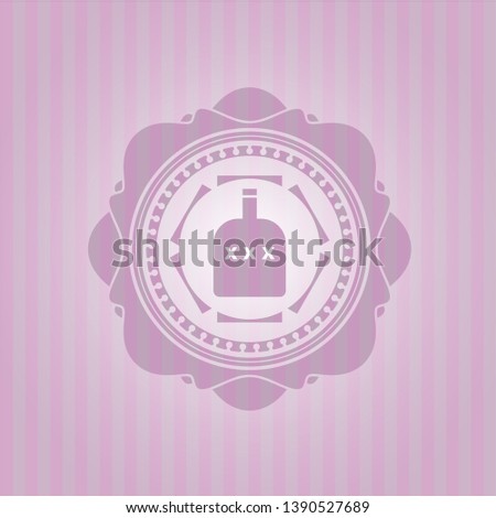 bottle of alcohol icon inside pink emblem. Retro