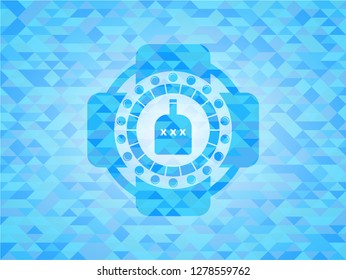 bottle of alcohol icon inside realistic light blue mosaic emblem