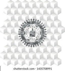 bottle of alcohol icon inside realistic grey emblem with geometric cube white background