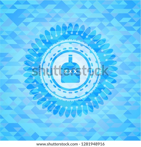 bottle of alcohol icon inside realistic light blue emblem. Mosaic background