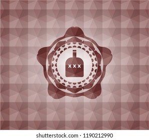 bottle of alcohol icon inside red seamless emblem with geometric pattern background.