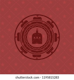 bottle of alcohol icon inside red emblem. Retro