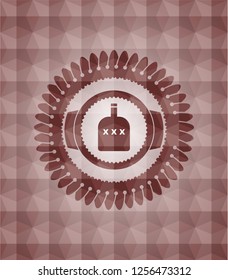 bottle of alcohol icon inside red emblem with geometric pattern. Seamless.