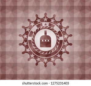 bottle of alcohol icon inside red badge with geometric pattern background. Seamless.