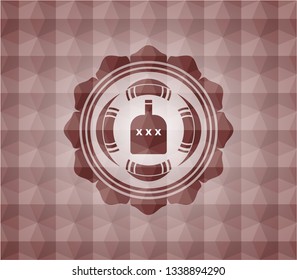 bottle of alcohol icon inside red seamless emblem or badge with geometric pattern background.