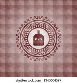bottle of alcohol icon inside red emblem or badge with geometric pattern background. Seamless.