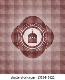 bottle of alcohol icon inside red emblem or badge with geometric pattern background. Seamless.