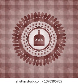 bottle of alcohol icon inside red seamless badge with geometric pattern background.