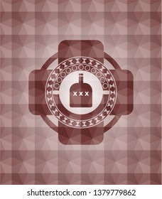 bottle of alcohol icon inside red emblem or badge with geometric pattern background. Seamless.