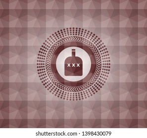 bottle of alcohol icon inside red badge with geometric pattern background. Seamless.