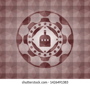 bottle of alcohol icon inside red seamless emblem with geometric pattern background.