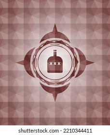 bottle of alcohol icon inside red emblem with geometric pattern background. Seamless. 