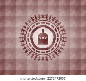 bottle of alcohol icon inside red badge with geometric pattern background. Seamless. 