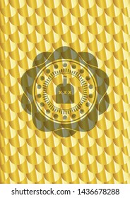 bottle of alcohol icon inside shiny golden emblem. Scales pattern. Vector Illustration. Detailed.