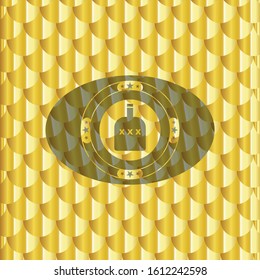 bottle of alcohol icon inside shiny golden emblem. Scales pattern. Vector Illustration. Detailed.