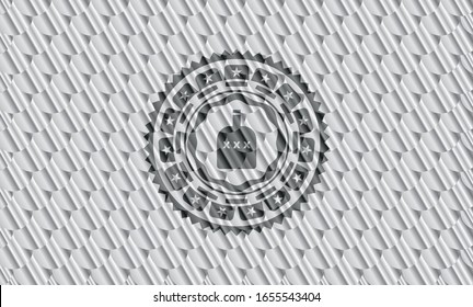 bottle of alcohol icon inside shiny silver badge. Scales pattern. Vector Illustration. Detailed.