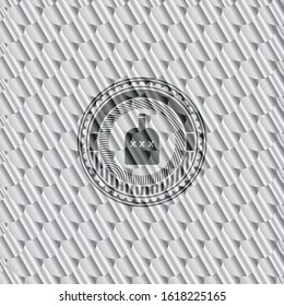 bottle of alcohol icon inside silver badge. Scales pattern. Vector Illustration. Detailed.