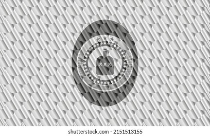 bottle of alcohol icon inside silver emblem. Scales pattern. Vector Illustration. Detailed. 