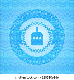 bottle of alcohol icon inside sky blue water wave badge.