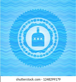 bottle of alcohol icon inside sky blue water wave emblem background.