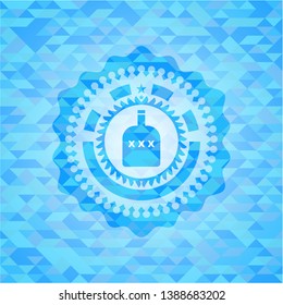bottle of alcohol icon inside sky blue emblem. Mosaic background