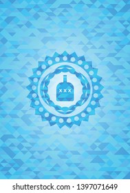 bottle of alcohol icon inside sky blue emblem with triangle mosaic background