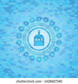 bottle of alcohol icon inside sky blue emblem with triangle mosaic background