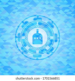bottle of alcohol icon inside sky blue emblem with triangle mosaic background
