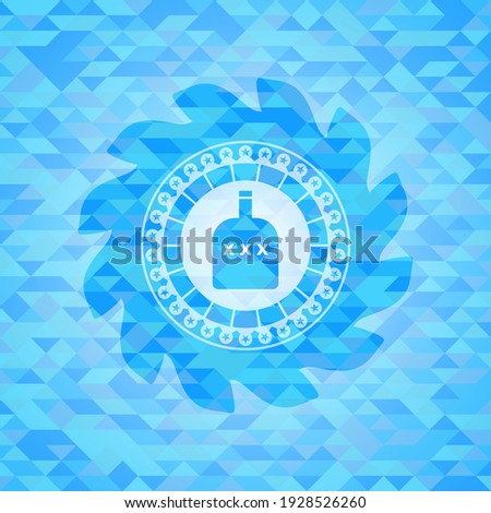 bottle of alcohol icon inside sky blue mosaic emblem. 