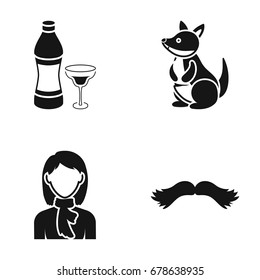 A bottle of alcohol, a kangaroo and other web icon in black style. a girl, a mustache icons in set collection.