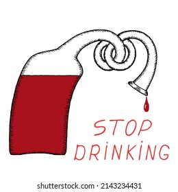 A bottle of alcohol with a knotted neck of the bottle. At the bottom of the picture the inscription "Stop drinking". The concept of the harmfulness of alcoholism. Freehand drawing. Hand Drawing. 