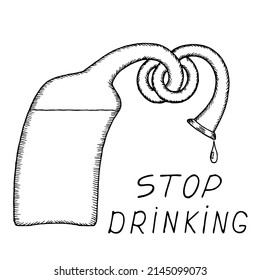 A bottle of alcohol with a knotted neck of the bottle. At the bottom of the picture the inscription "Stop drinking". The concept of the harmfulness of alcoholism. Freehand drawing. Hand Drawing. 