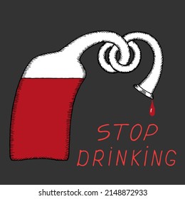 A bottle of alcohol with a knotted neck of the bottle. At the bottom of the picture the inscription "Stop drinking". The concept of the harmfulness of alcoholism. Freehand drawing. Hand Drawing.