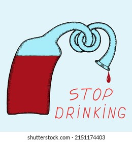 A bottle of alcohol with a knotted neck of the bottle. At the bottom of the picture the inscription "Stop drinking". The concept of the harmfulness of alcoholism. Freehand drawing. Hand Drawing.