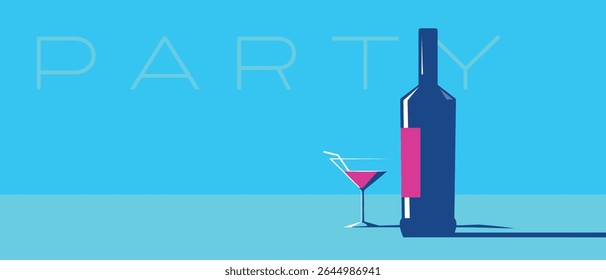 Garrafa de álcool ao lado de um coquetel de vidro, fundo azul, vetor ilustração plana. Perfeito para design de lista de vinhos, banner de restaurante, panfleto de festa de bebida, martini, margarita