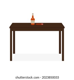 Bottle with alcohol and sausage on the kitchen table on a white background