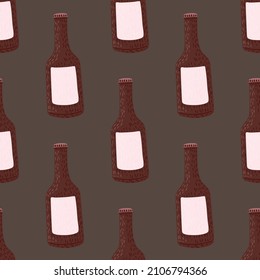 Flasche Alkohol nahtlos Muster. Handgezeichneter Hintergrund für das Menü. Wiederholte Textur im Doodle-Stil für Stoff, Wickelpapier, Tapete, Gewebe. Vektorgrafik.