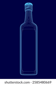 A bottle of alcohol is shown in a blue background. The bottle is empty and the label is missing. The image is a stylized representation of a bottle, with the focus on the empty bottle itself